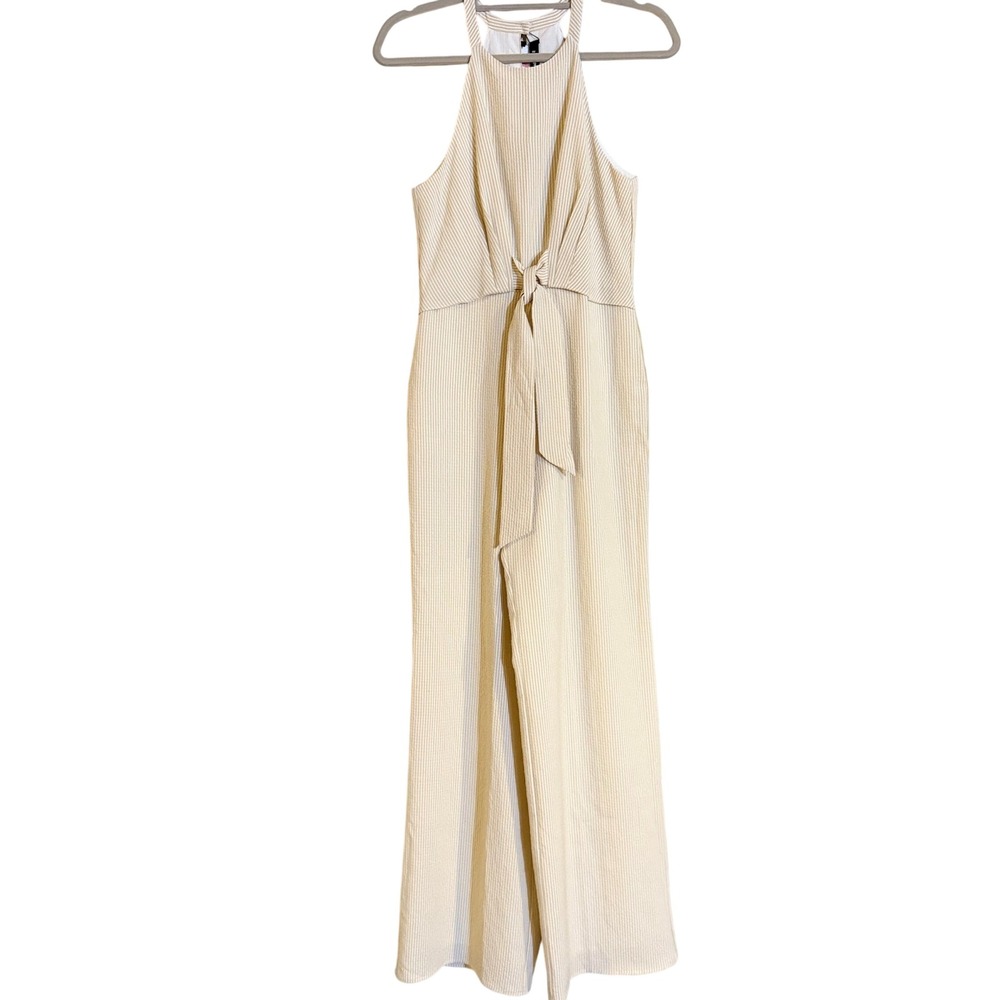 Sugar + Lips Tan White Striped Seersucker Halter Tie Waist Jumpsuit P2495BDR NEW